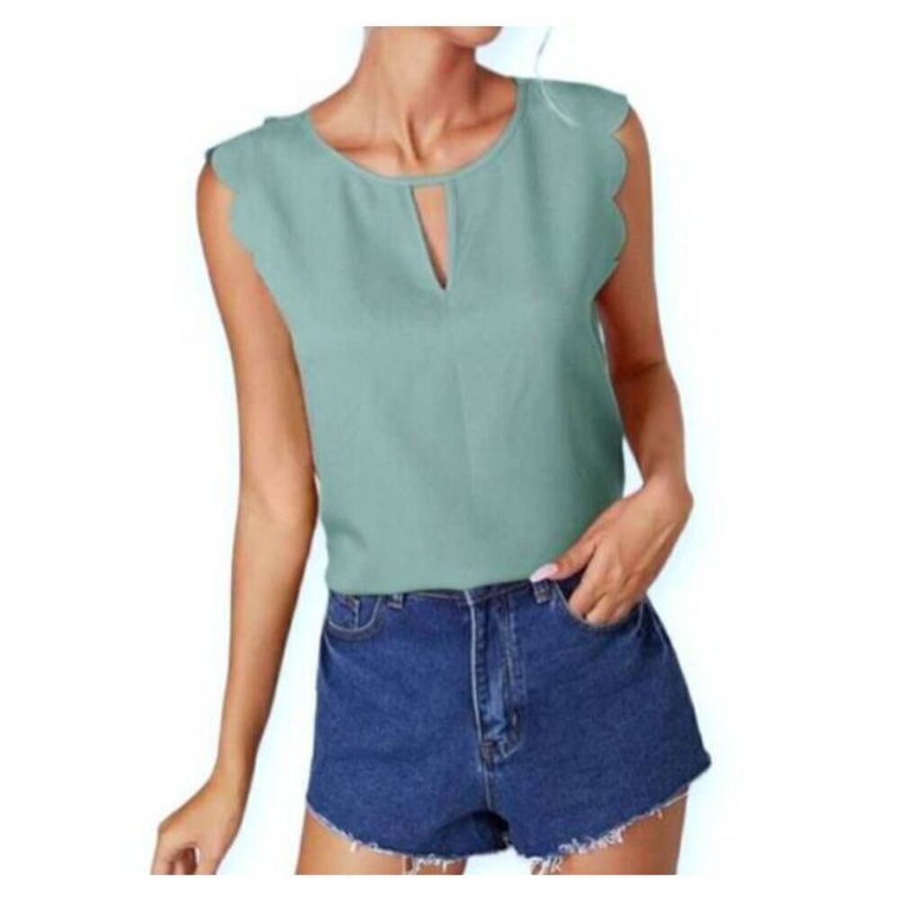 SHEIN Keyhole Neck Scallop Trim Top Mint Green SZ.S EUC